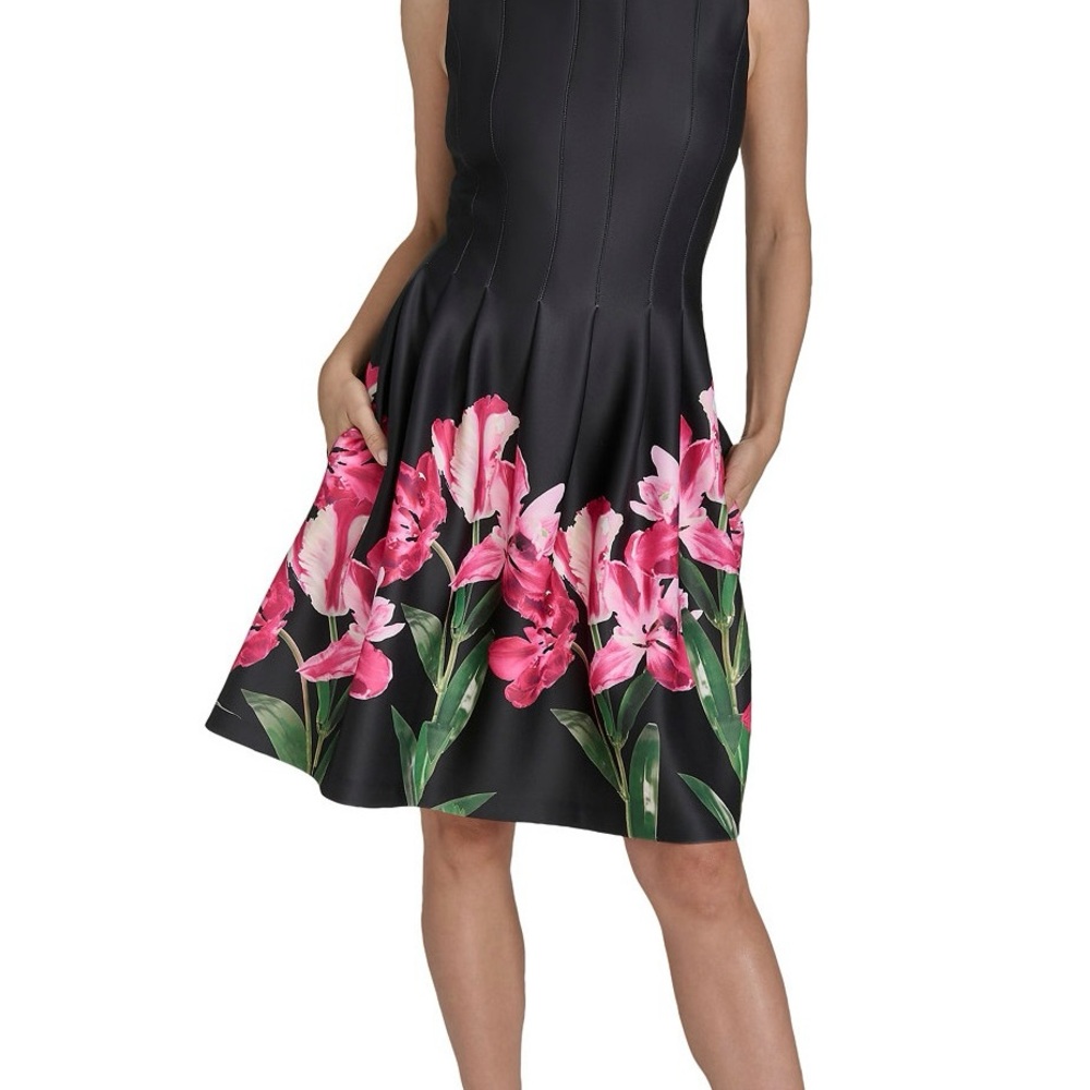 Halston Women’s Floral Print Pleated Fit & Flare Dress, Black Multi, Size 12